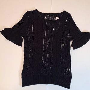 Dk Blue cable knit sweater with double ruffle short sleeve. 55% cotton 45% nylon